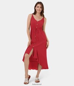 Halara נשים להחליק רצועה מתכווננת ללא גב כפתור שרוך א-סימטרי שמלת כותנה קז'ואל מידי אסימטרית XX0PF1173 הַלבָּשָׁה סרט אדום