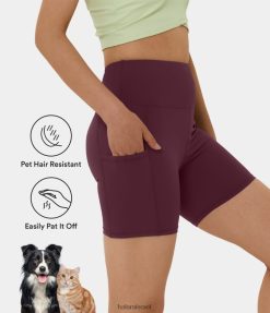 Halara נשים מכנסי אופנוענים עמידים לשיער חיות מחמד פטיטוף עם מותן גבוה בכיס צד 5 אינץ' XX0PF1420 בגדים פעילים מהגוני אדום