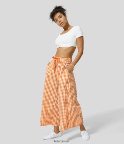 Halara נשים מכנסי כותנה מזדמנים בכיס צד ג'ינג'ם רחב מותן גבוה XX0PF130 הַלבָּשָׁה ג'ינגהם כתום לבן