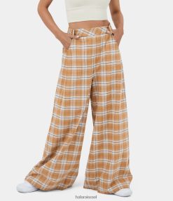 Halara נשים מכנסי כותנה מזדמנים משובצים עם כיס צד עם מותן גבוה XX0PF159 הַלבָּשָׁה משובץ שזוף