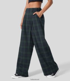 Halara נשים מכנסי קז'ואל עם מותניים גבוהים משובצים בכיס צד רחב רגליים XX0PF175 הַלבָּשָׁה משובץ כחול ירוק