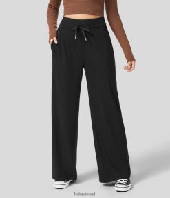 Halara נשים מכנסי קז'ואל עם סריג מצולע בכיס צד עם שרוך גבוה XX0PF227 בגדים פעילים שָׁחוֹר