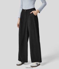 Halara נשים מכנסי קז'ואל קז'ואל עם כפתור אמצע עלייה בינונית כיס צד צדדי קורדרוי רחב XX0PF182 הַלבָּשָׁה שָׁחוֹר