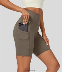 Halara נשים מכנסי ריצה אופנוענים עם כיס צד גבוה בגזרה גבוהה 7 אינץ' XX0PF1416 בגדים פעילים חום שחר