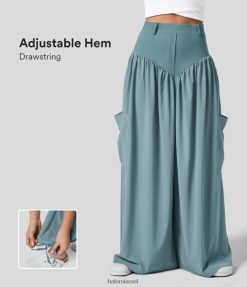 Halara נשים מכנסי שרוך מתכוונן מכפלת שרוך מתכוונן עם מותניים גבוהים משוכפלים עם רגל רחבה במהירות יבשה מכנסי פנסים רגילים XX0PF208 הַלבָּשָׁה כחול אבן