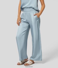 Halara נשים מכנסיים מזדמנים דמויי סאטן עם רגליים רחבות בעלות כיס צד XX0PF219 הַלבָּשָׁה כחול סטרלינג