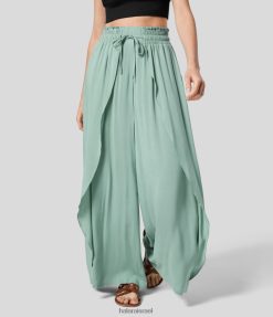 Halara נשים מכנסיים קז'ואל מזדמנים בגזרת מותן גבוהה עם שרוך שרוך כיס צד רחב רגל זורחת XX0PF151 הַלבָּשָׁה ציאן מעושן