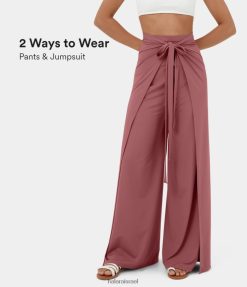 Halara נשים מכנסיים קז'ואל מזדמנים עם קשירה גבוהה בגזרה קדמית מפוצלת פאלאצו רחב רגליים XX0PF126 בגדים פעילים ורד בהיר אדום