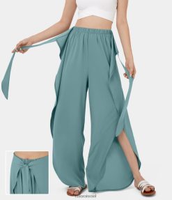 Halara נשים מכנסיים קז'ואל קז'ואל מהירים יבשים עם קשירת מותן קדמית ורחב רגליים מפוצלות XX0PF167 בגדים פעילים כחול מינרלי