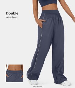 Halara נשים מכנסיים קז'ואלים עם רגליים רחבות עם חגורת מותן כפולה בכיס צד ניגודיות XX0PF171 בגדים פעילים צללית כחולה