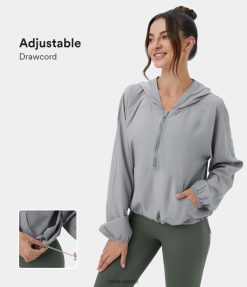 Halara נשים מעיל יוגה עם שרוך עם ברדס עם חצי רוכסן בכיס קנגורו XX0PF2041 בגדים פעילים כסף