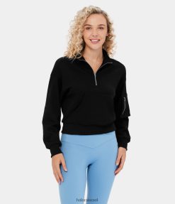 Halara נשים מעמד צווארון חצי רוכסן כתף ירד כיס קנגורו וופל סווטשירט כותנה מזדמן XX0PF2009 הַלבָּשָׁה שָׁחוֹר