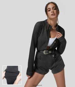 Halara נשים מעמד קסם כפתור צווארון כיס שרוולים ארוכים סריג ג'ינס דק דק XX0PF1369 הַלבָּשָׁה ג'ינס מכובס שחור