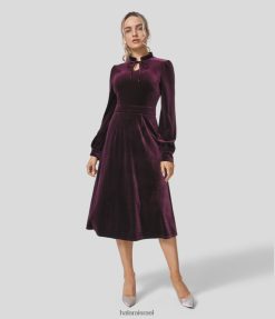 Halara נשים מעמד קשירת צווארון צד קדמי בלתי נראה רוכסן קטיפה מידי שמלת מסיבות XX0PF1250 הַלבָּשָׁה סגול כהה