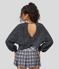 Halara נשים סווטשירט כותנה קז'ואלי בשטיפה עם שרוול ארוך ללא גב XX0PF2018 הַלבָּשָׁה עשן כהה אפור