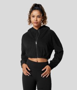 Halara נשים סווטשירט כותנה קצוץ קצוץ צדדי עם רוכסן ברדס XX0PF1938 הַלבָּשָׁה שָׁחוֹר