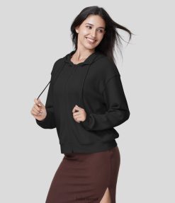 Halara נשים סווטשירט ספורט כותנה עם רוכסן שרוך עם קפוצ'ון וופל XX0PF1992 בגדים פעילים שָׁחוֹר