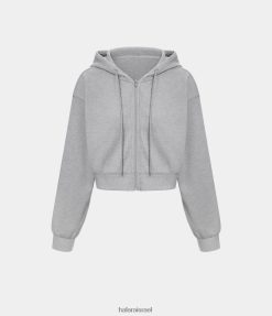 Halara נשים סווטשירט ספורט כותנה קצוץ רוכסן קצוץ עם קפוצ'ון וופל XX0PF1947 בגדים פעילים אפור ערפל