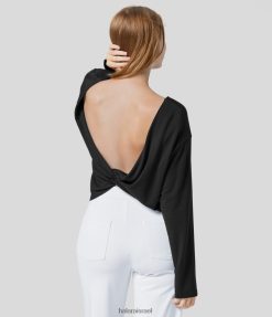 Halara נשים סווטשירט קז'ואל מוצק עם שרוול ארוך עם צווארון סירה XX0PF2023 הַלבָּשָׁה שָׁחוֹר