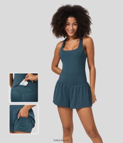 Halara נשים סרבל יוגה עם צווארון מרובע ללא גב מעוות דמעות 2 ב-1 בגב ובכיס בצד XX0PF2097 בגדים פעילים כחול מיוליקה