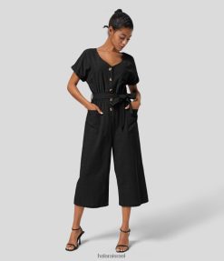 Halara נשים סרבל כותנה מזדמן עם שרוולים קצרים עם כפתור כיס צדדי עם חגורה רחבה XX0PF2083 הַלבָּשָׁה שָׁחוֹר