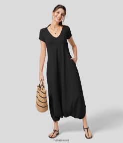 Halara נשים סרבל נופש עם שרוולים קצרים עם צווארון V XX0PF2084 בגדים פעילים שָׁחוֹר