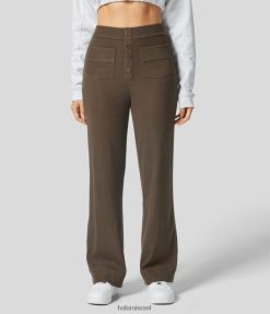 Halara נשים סריג מצולע כפתור גבוה מותן כיסים מרובים מכנסיים קז'ואל עם רגל ישרה XX0PF478 הַלבָּשָׁה חום אדמתי עבה