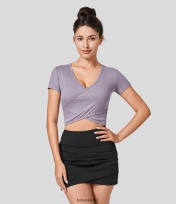 Halara נשים סריג מצולע עם צווארון V קרוסאובר עטוף קצוץ קז'ואל טופ קז'ואל XX0PF1967 הַלבָּשָׁה אפר סגול