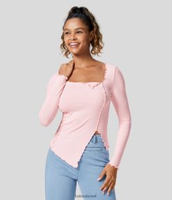 Halara נשים סריג מצולע צוואר מרובע קצוץ חסה אסימטרית מכפלת דק קז'ואל XX0PF2003 הַלבָּשָׁה ורד אובך ורוד