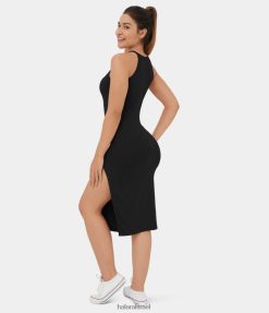 Halara נשים סריג מצולע צוואר עגול מפוצל bodycon שמלת קז'ואל מידי XX0PF1102 הַלבָּשָׁה שָׁחוֹר