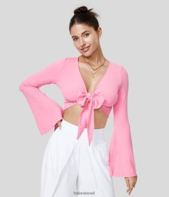 Halara נשים סריג מצולע קשירת V צווארון קשירה קדמית מתלקחת עם שרוולים ארוכים קצוץ עליון קז'ואל XX0PF1978 הַלבָּשָׁה ורוד אלמוגים