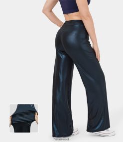 Halara נשים עור מלאכותי softlyzero בעלות אמצע עלייה צדדית עם הדפס נייר כסף ורחב רגליים נמתחות XX0PF180 הַלבָּשָׁה כחול חצות מבריק