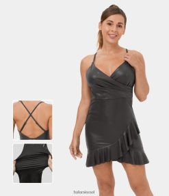 Halara נשים עור מלאכותי softlyzero ללא גב ללא גב מתכוונן למחצה מתכווננת עם הדפס נייר כסף נמתח מיני קז'ואל XX0PF1050 הַלבָּשָׁה שחור בין ערביים מבריק