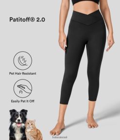 Halara נשים פטיטוף 2.0 עמיד לשיער חיות מחמד עם מותניים מוצלבים בכיס צדדי קפרי יוגה חותלות XX0PF1549 בגדים פעילים שָׁחוֹר