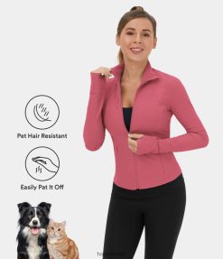 Halara נשים פטיטוף זרימה עמיד לשיער חיות מחמד מעמד צווארון רוכסן כיס צד חור אגודל קצוץ ז'קט קז'ואל XX0PF1943 בגדים פעילים ורד המדבר