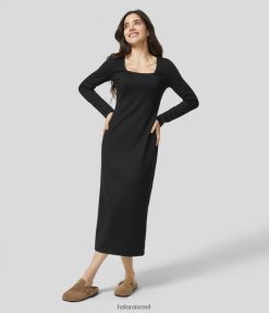 Halara נשים צוואר מרובע מצולע עם שרוול ארוך קשירה לאחור שמלת מידי קז'ואל דקה XX0PF1224 הַלבָּשָׁה שָׁחוֹר