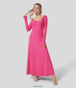 Halara נשים צוואר מרובע משופשף ללא גב קשירה אחורית שמלת מקסי מזדמנת XX0PF1163 הַלבָּשָׁה רְמִיזַת זִלזוּל