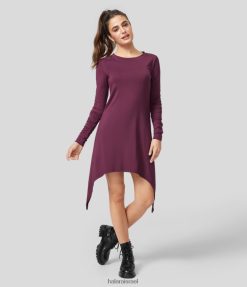 Halara נשים צוואר עגול מוערם שרוולים ארוכים מכפלת אסימטרית midi קז'ואל XX0PF1212 הַלבָּשָׁה סגול אדום