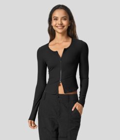 Halara נשים צוואר עגול מצולע רוכסן דו כיווני חולצת יוגה שרוולים ארוכים XX0PF1874 בגדים פעילים שָׁחוֹר