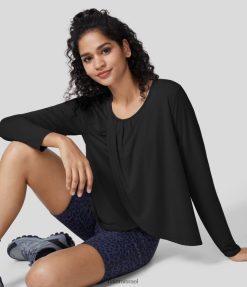 Halara נשים צוואר עגול משופשף שרוולים ארוכים מכפלת מוצלבת יוגה ספורט XX0PF1872 בגדים פעילים שָׁחוֹר