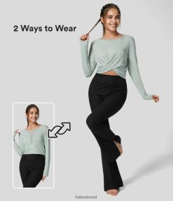 Halara נשים צוואר עגול שרוול ארוך ניגודיות רשת מוצלבת מכפלת יוגה מוצקה XX0PF1829 בגדים פעילים ספריי גלישה