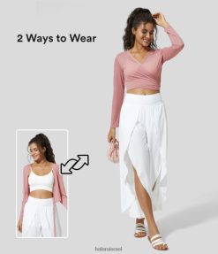 Halara נשים צוואר V שקוף עם שרוול ארוך קשירה חזרה קצוץ רשת יוגה ספורט טופ XX0PF1925 בגדים פעילים ורד רך