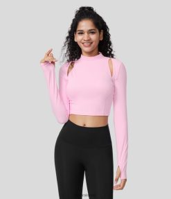 Halara נשים צווארון מעמד אוורירי softlyzero חתוך חור אגודל מגע מגניב קצוץ יוגה ספורט טופ XX0PF1906 בגדים פעילים חוטם