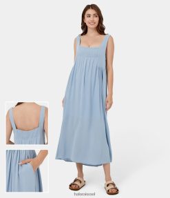 Halara נשים צווארון מרובע ללא גב ללא גב משוכפל משוכפל כיס צד מקסי שמלת כותנה קז'ואל XX0PF1241 הַלבָּשָׁה מלאכים נופלים