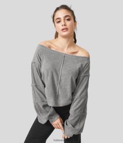 Halara נשים צווארון סירה שרוול בישוף גולמי סווטשירט קז'ואל XX0PF1999 הַלבָּשָׁה אפור כהה מנומר