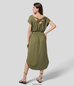 Halara נשים צווארון סירה שרוולים קצרים ללא גב ללא גב שמלת מידי קז'ואל מכפלת מעוקלת XX0PF1186 הַלבָּשָׁה קפלת זית