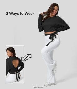 Halara נשים צווארון עגול שרוולים ארוכים ללא גב קשירה מוצלבת בצד סווטשירט כותנה מזדמנת XX0PF2000 הַלבָּשָׁה כוכב שוקע שחור