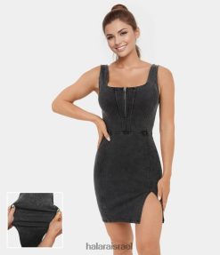 Halara נשים קסום חצי רוכסן מכפלת מפוצלת ללא גב ללא גב bodycon סריג ג'ינס נמתח מיני שמלת קז'ואל XX0PF1096 הַלבָּשָׁה ג'ינס אפור כהה