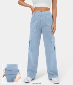 Halara נשים קסם באמצע העלייה כיסים מרובים רגל נמתחת סריג קז'ואל מטען ג'ינס XX0PF105 הַלבָּשָׁה ג'ינס מכובס תכלת