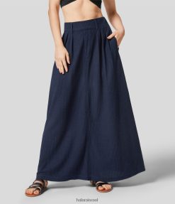 Halara נשים קסם כיס צדדי עלייה באמצע קו מקסי שטף חצאית ג'ינס סריג נמתח XX0PF749 הַלבָּשָׁה ג'ינס כחול חוואר כהה